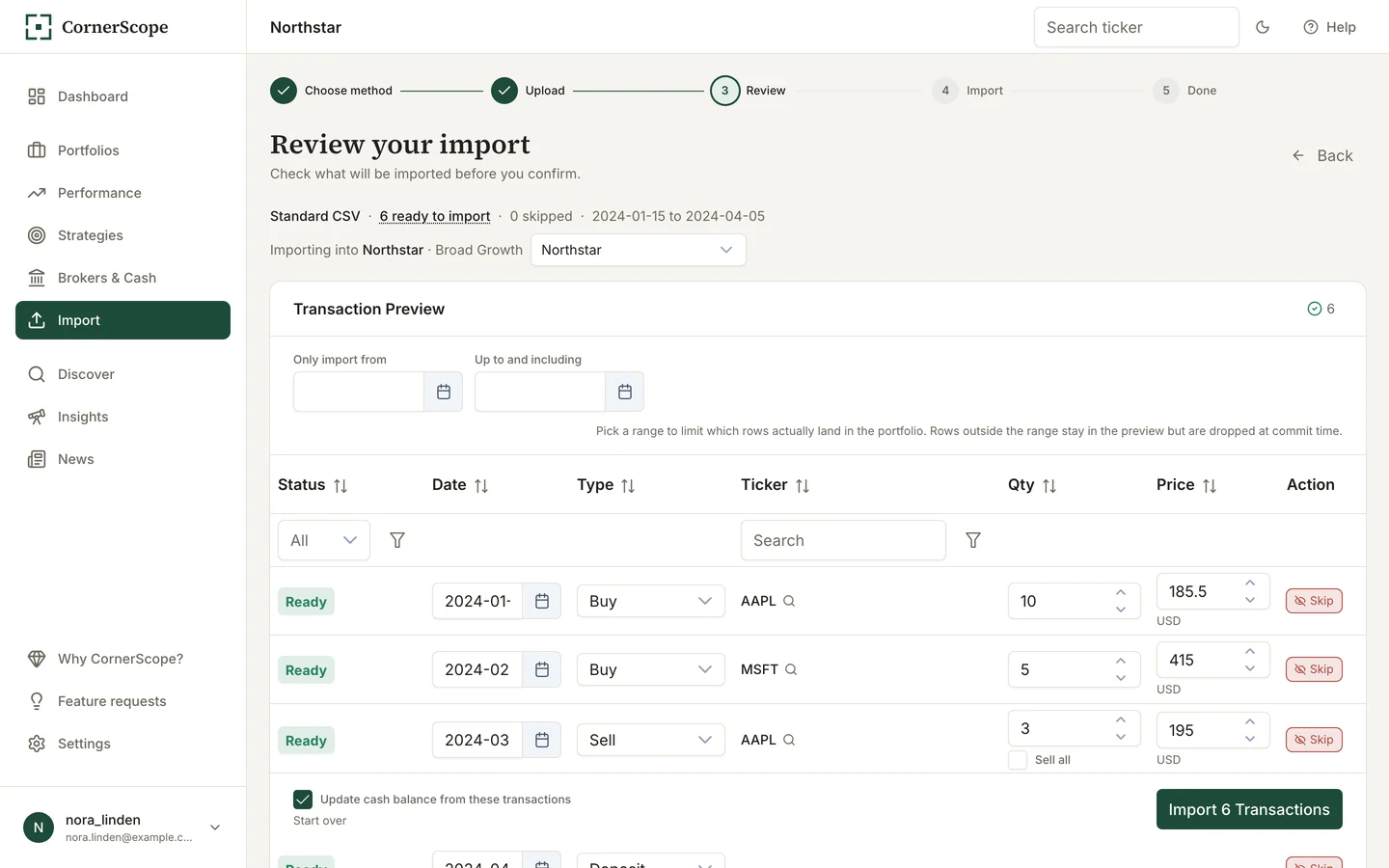 Import review for a Standard CSV file with six transaction rows and an unconfirmed import step, in Northstar.
