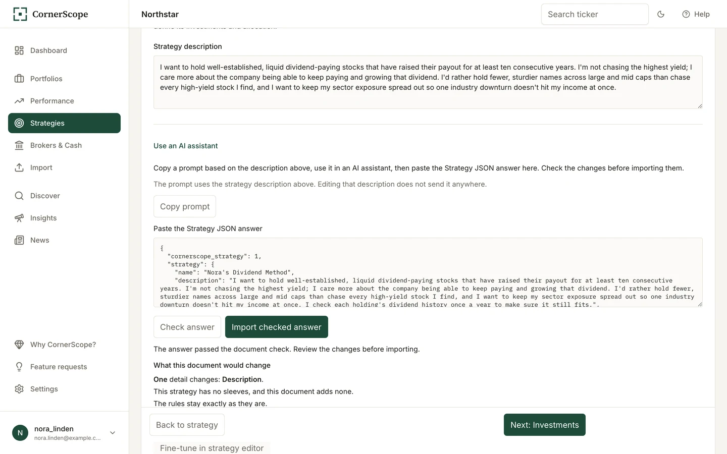 Strategy Studio guided wizard Describe step with a saved description and a checked, ready-to-import AI assistant answer, in Nora's Dividend Method.